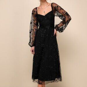 Lulus Darling Charisma Black Mesh Embroidered Midi Dress - Size M